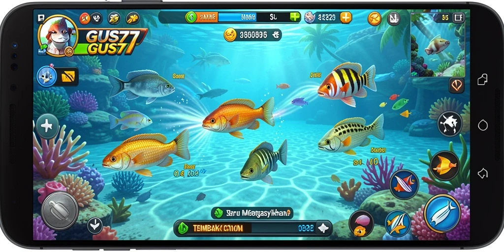 Tampilan gameplay GUS77 yang mendebarkan saat menembak ikan.