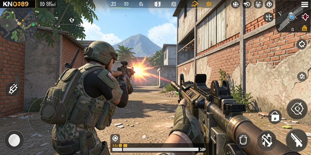 Tampilan gameplay KNO89 dengan aksi tembak-menembak yang intens.